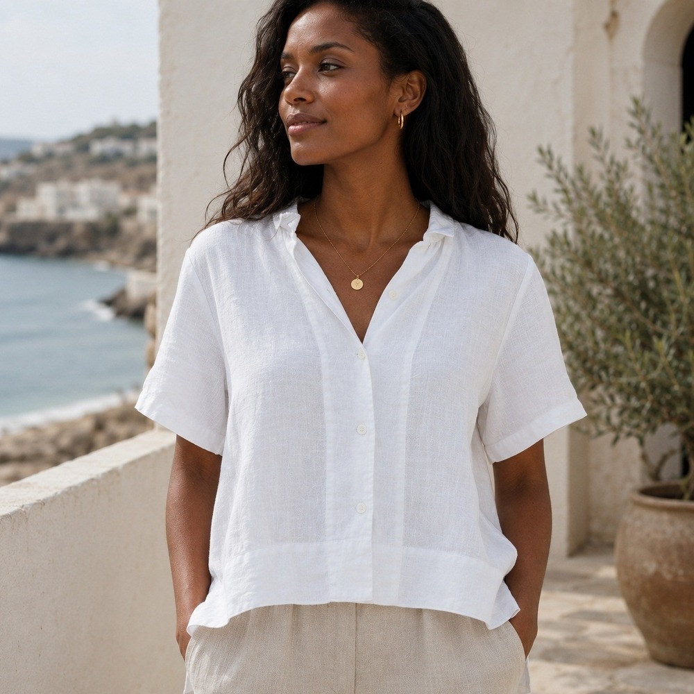 Quince Womens European Linen Shirt L White Short Sleeved Boxy Relaxed Coastal